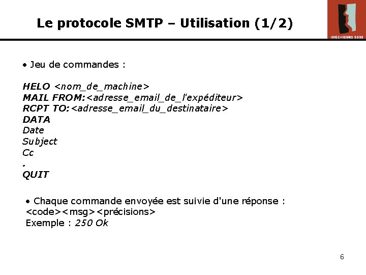 Le protocole SMTP – Utilisation (1/2) • Jeu de commandes : HELO <nom_de_machine> MAIL
