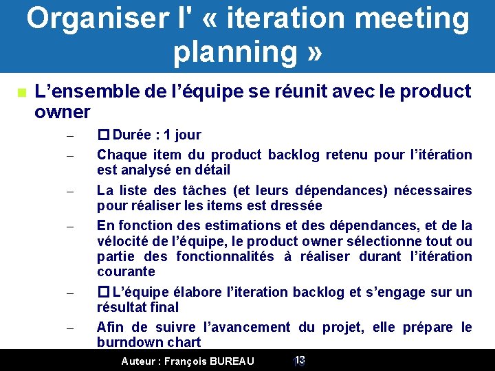 Organiser l' « iteration meeting planning » L’ensemble de l’équipe se réunit avec le