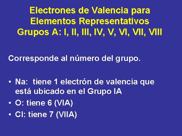 Electrones de Valencia para Elementos Representativos Grupos A: I, III, IV, V, VII, VIII Electrones de Valencia para Elementos Representativos Grupos A: I, III, IV, V, VII, VIII