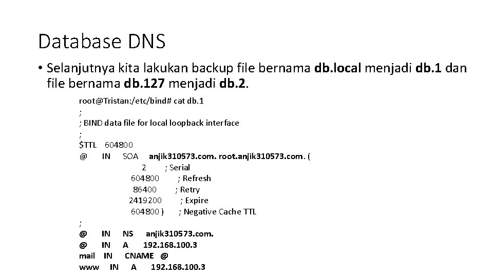 Database DNS • Selanjutnya kita lakukan backup file bernama db. local menjadi db. 1