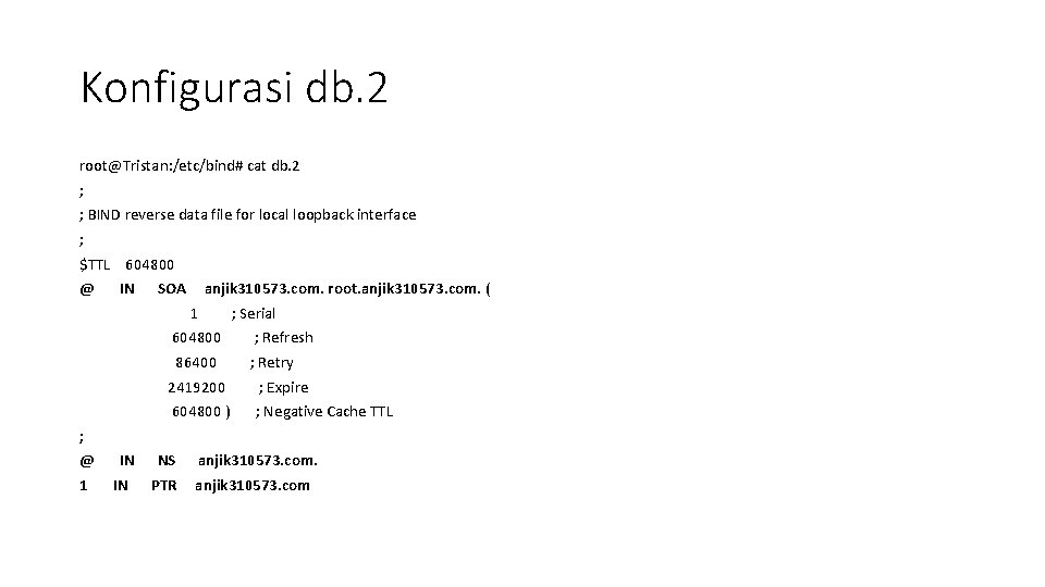 Konfigurasi db. 2 root@Tristan: /etc/bind# cat db. 2 ; ; BIND reverse data file