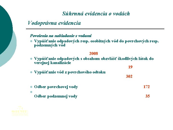 Súhrnná evidencia o vodách Vodoprávna evidencia Povolenia na nakladanie s vodami l Vypúšťanie odpadových