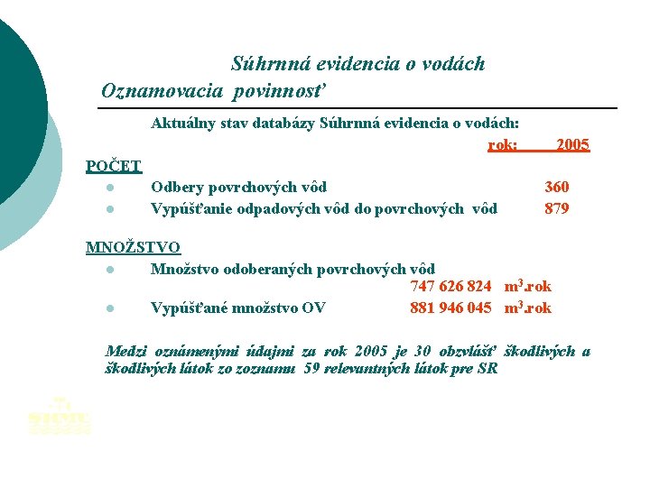 Súhrnná evidencia o vodách Oznamovacia povinnosť Aktuálny stav databázy Súhrnná evidencia o vodách: rok: