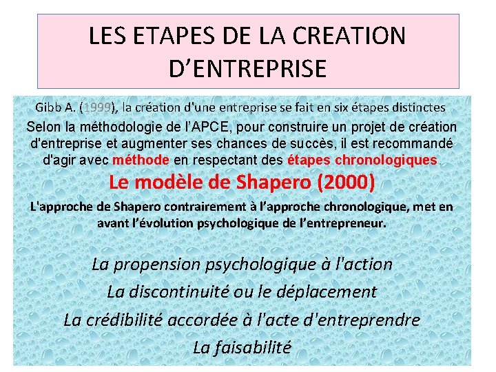 LES ETAPES DE LA CREATION D’ENTREPRISE Gibb A. (1999), la création d'une entreprise se