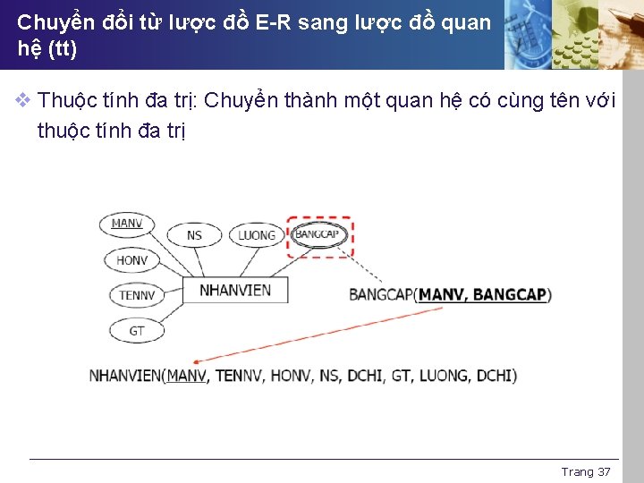 Chuyển đổi từ lược đồ E-R sang lược đồ quan hệ (tt) v Thuộc