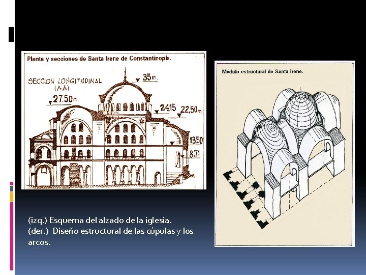 (izq. ) Esquema del alzado de la iglesia. (der. ) Diseño estructural de las