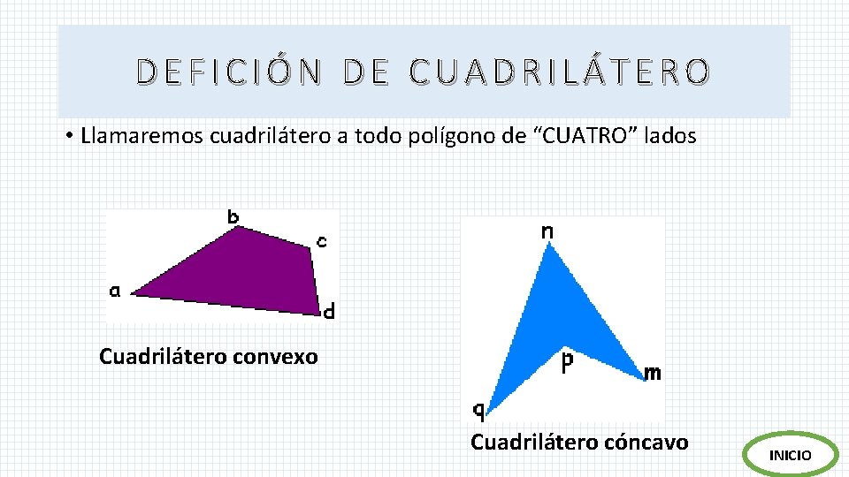 DEFICIÓN DE CUADRILÁTERO • Llamaremos cuadrilátero a todo polígono de “CUATRO” lados Cuadrilátero convexo DEFICIÓN DE CUADRILÁTERO • Llamaremos cuadrilátero a todo polígono de “CUATRO” lados Cuadrilátero convexo