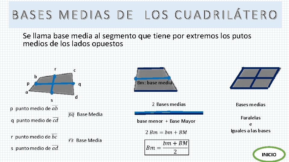 BASES MEDIAS DE LOS CUADRILÁTERO Se llama base media al segmento que tiene por BASES MEDIAS DE LOS CUADRILÁTERO Se llama base media al segmento que tiene por