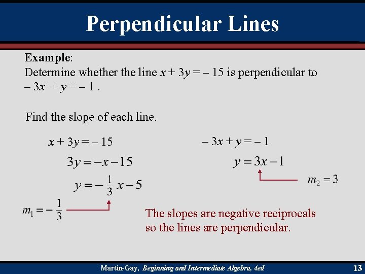 Perpendicular Lines Example: Determine whether the line x + 3 y = – 15
