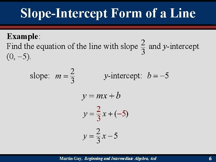 Slope-Intercept Form of a Line Example: Find the equation of the line with slope