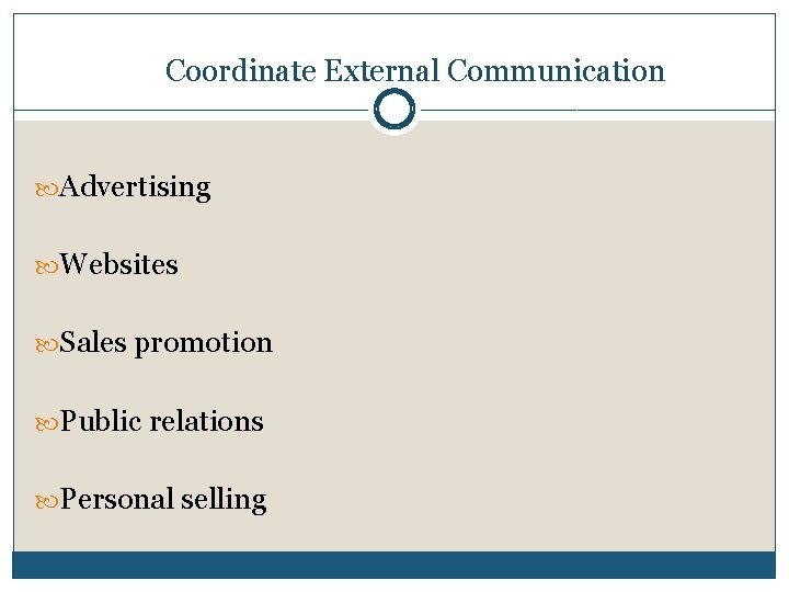 Coordinate External Communication Advertising Websites Sales promotion Public relations Personal selling 
