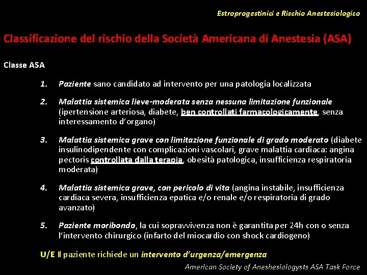 Estroprogestinici e Rischio Anestesiologico Classificazione del rischio della Società Americana di Anestesia (ASA) Classe