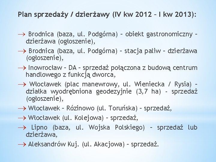 Plan sprzedaży / dzierżawy (IV kw 2012 – I kw 2013): Brodnica (baza, ul.