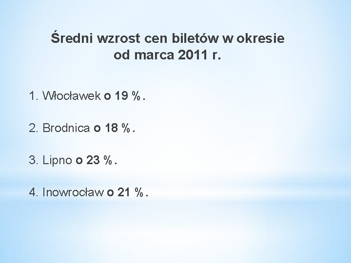 Średni wzrost cen biletów w okresie od marca 2011 r. 1. Włocławek o 19