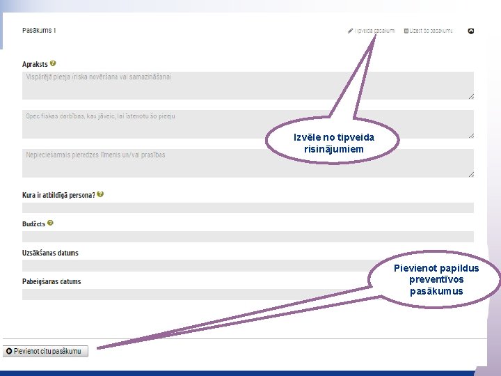 Izvēle no tipveida risinājumiem Pievienot papildus preventīvos pasākumus 