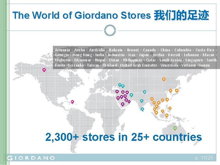 The World of Giordano Stores 我们的足迹 Armenia · Aruba · Australia · Bahrain ·