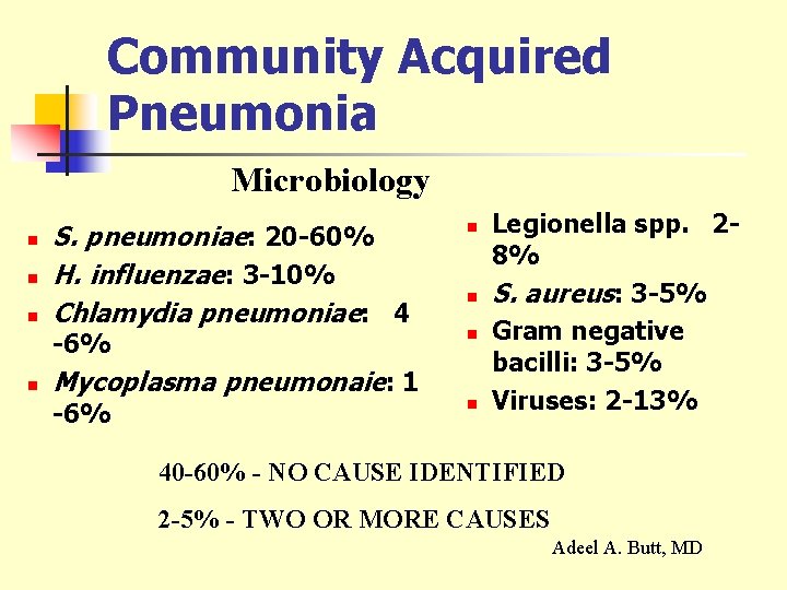 Community Acquired Pneumonia Microbiology n n n S. pneumoniae: 20 -60% H. influenzae: 3