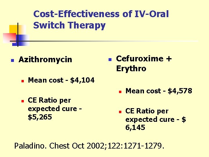Cost-Effectiveness of IV-Oral Switch Therapy n Azithromycin n n Cefuroxime + Erythro Mean cost