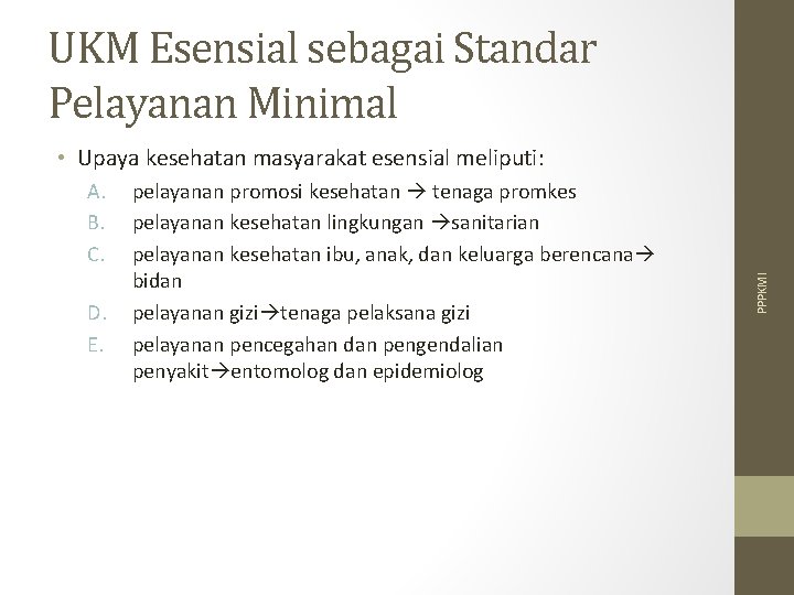 UKM Esensial sebagai Standar Pelayanan Minimal A. B. C. D. E. pelayanan promosi kesehatan
