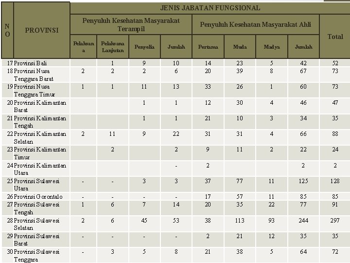 JENIS JABATAN FUNGSIONAL N O Penyuluh Kesehatan Masyarakat Terampil KONDISI SAAT INI PROVINSI 17
