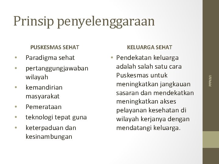 Prinsip penyelenggaraan • • • Paradigma sehat pertanggungjawaban wilayah kemandirian masyarakat Pemerataan teknologi tepat