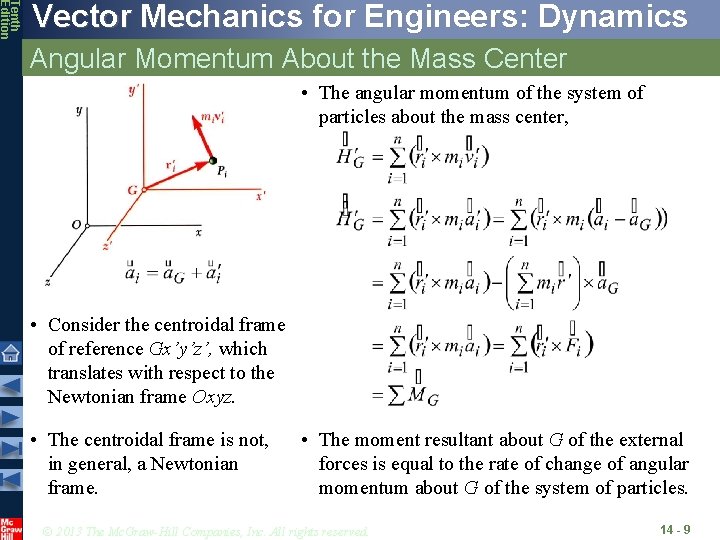 Tenth Edition Vector Mechanics for Engineers: Dynamics Angular Momentum About the Mass Center •