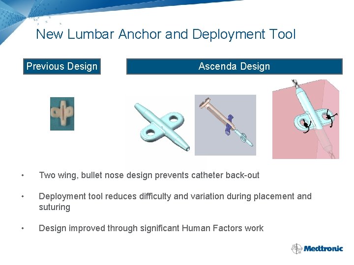 New Lumbar Anchor and Deployment Tool Previous Design Ascenda Design • Two wing, bullet