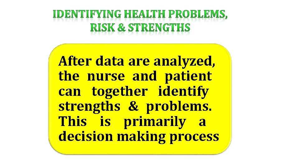 After data are analyzed, the nurse and patient can together identify strengths & problems.