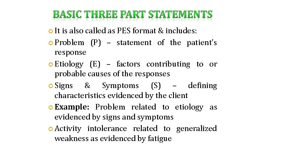  It is also called as PES format & includes: Problem (P) – statement