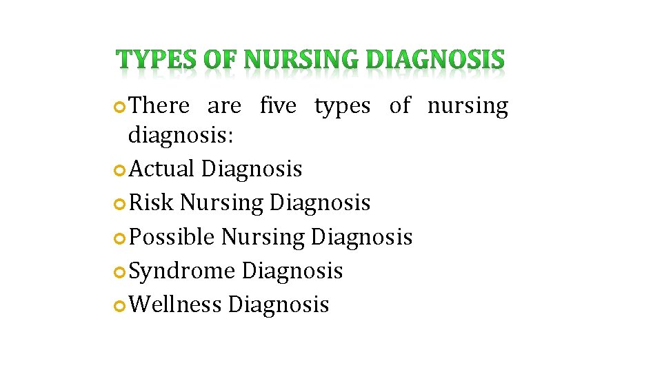  There are five types of nursing diagnosis: Actual Diagnosis Risk Nursing Diagnosis Possible