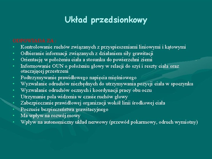 Układ przedsionkowy ODPOWIADA ZA : • Kontrolowanie ruchów związanych z przyspieszeniami liniowymi i kątowymi