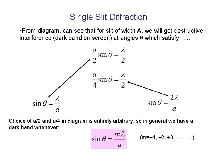 Single Slit Diffraction • From diagram, can see that for slit of width A,