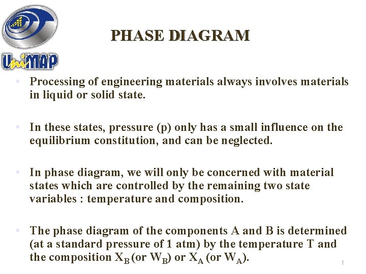 PHASE DIAGRAM • Processing of engineering materials always involves materials in liquid or solid