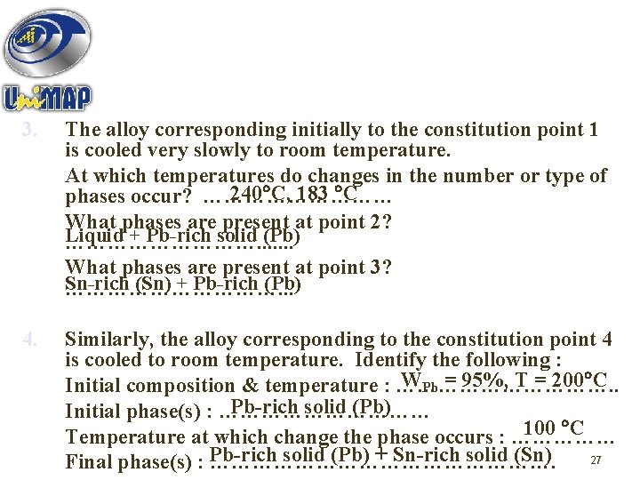 3. The alloy corresponding initially to the constitution point 1 is cooled very slowly