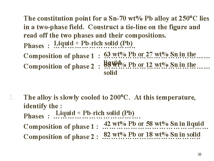 1. The constitution point for a Sn-70 wt% Pb alloy at 250 C lies