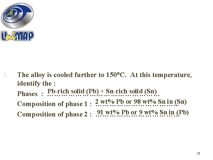 3. The alloy is cooled further to 150 C. At this temperature, identify the