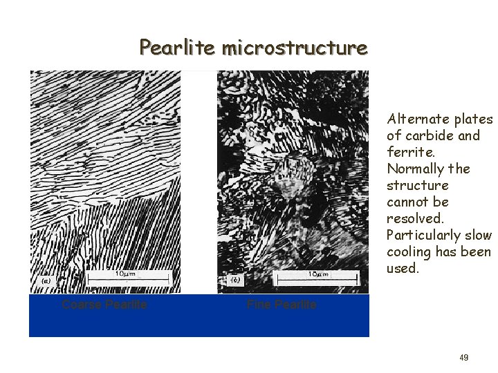 Pearlite microstructure Alternate plates of carbide and ferrite. Normally the structure cannot be resolved.