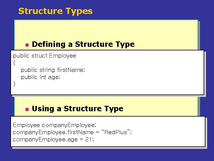 Structure Types n Defining a Structure Type public struct Employee { public string first.