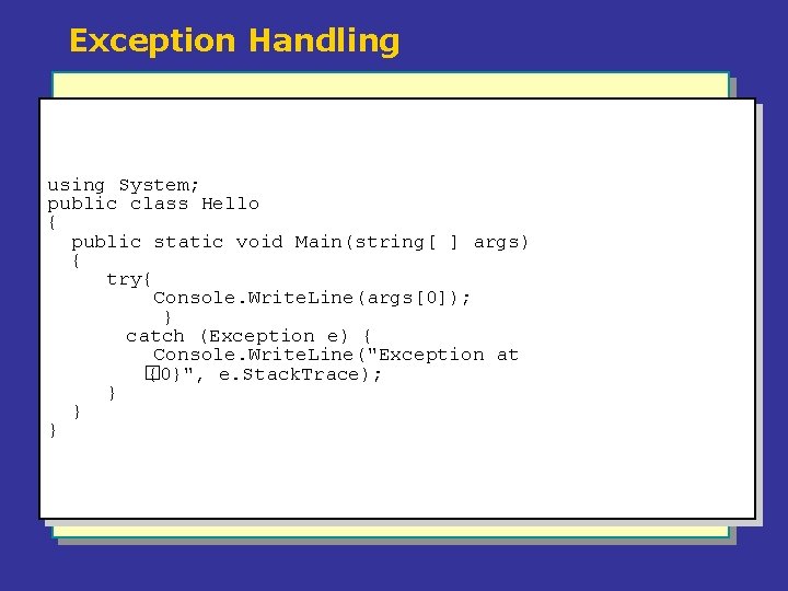 Exception Handling using System; public class Hello { public static void Main(string[ ] args)