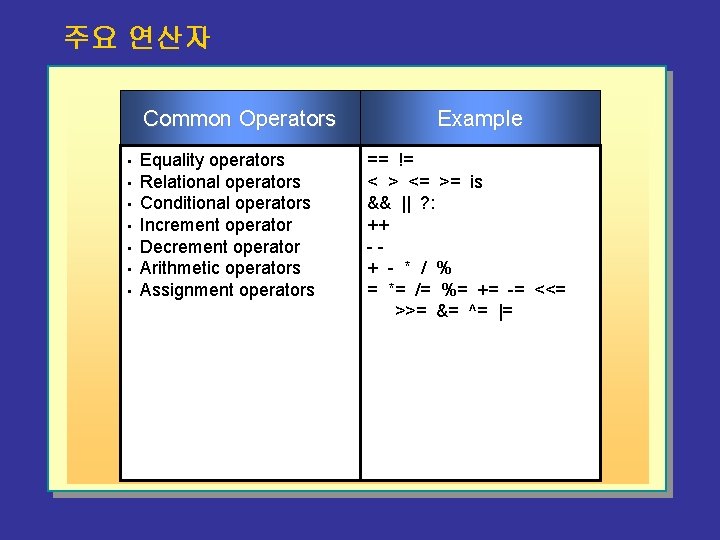 주요 연산자 Common Operators • • Equality operators Relational operators Conditional operators Increment operator