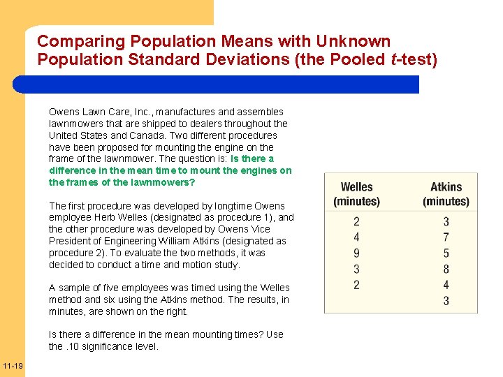 Comparing Population Means with Unknown Population Standard Deviations (the Pooled t-test) Owens Lawn Care,