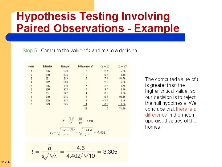 Hypothesis Testing Involving Paired Observations - Example Step 5: Compute the value of t