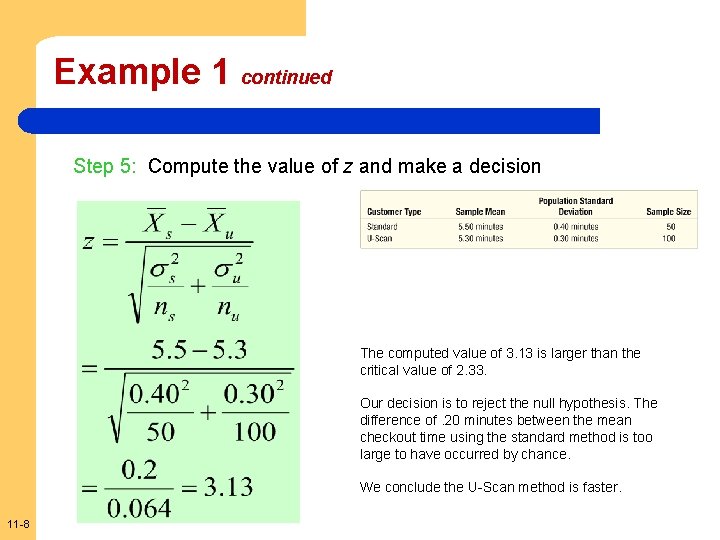 Example 1 continued Step 5: Compute the value of z and make a decision