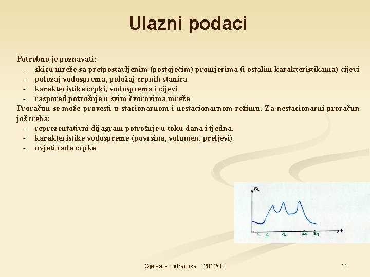 Ulazni podaci Potrebno je poznavati: - skicu mreže sa pretpostavljenim (postojećim) promjerima (i ostalim