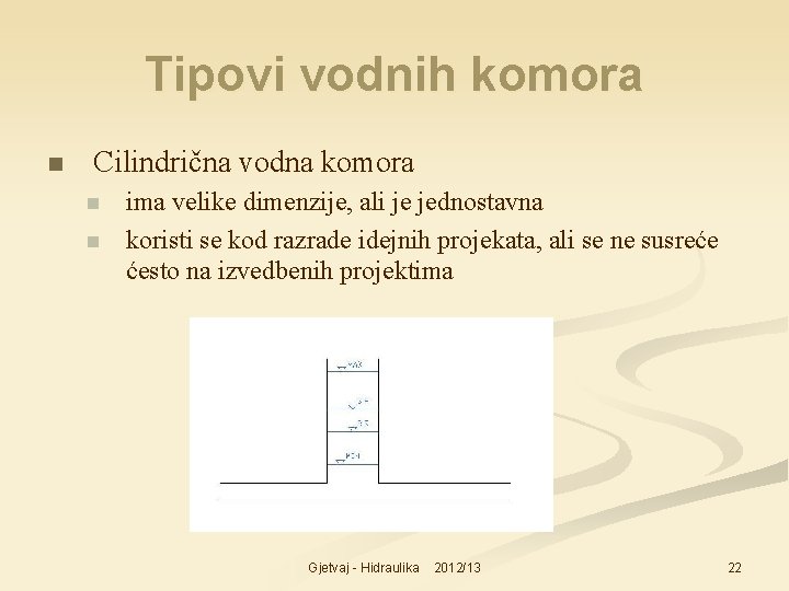 Tipovi vodnih komora n Cilindrična vodna komora n n ima velike dimenzije, ali je