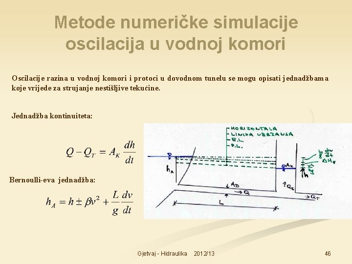 Metode numeričke simulacije oscilacija u vodnoj komori Oscilacije razina u vodnoj komori i protoci