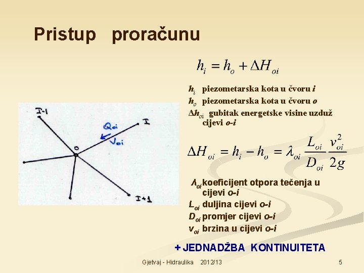 Pristup proračunu hi piezometarska kota u čvoru i ho piezometarska kota u čvoru o