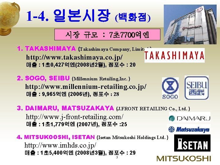 1 -4. 일본시장 (백화점) 시장 규모 : 7초7700억엔 1. TAKASHIMAYA (Takashimaya Company, Limited ）