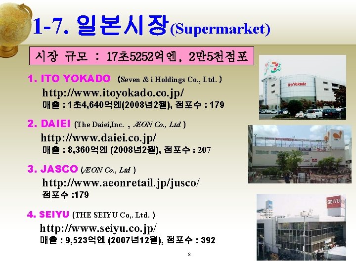 1 -7. 일본시장(Supermarket) 시장 규모 : 17초5252억엔, 2만5천점포 1. ITO YOKADO (Seven & i