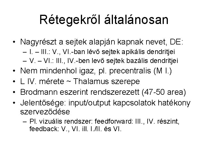 Rétegekről általánosan • Nagyrészt a sejtek alapján kapnak nevet, DE: – III. : V.